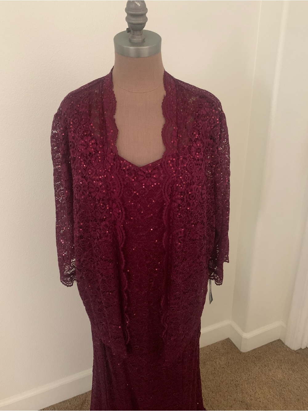 R&M Richard’s Elegant Burgundy Lace Gown with Jacket